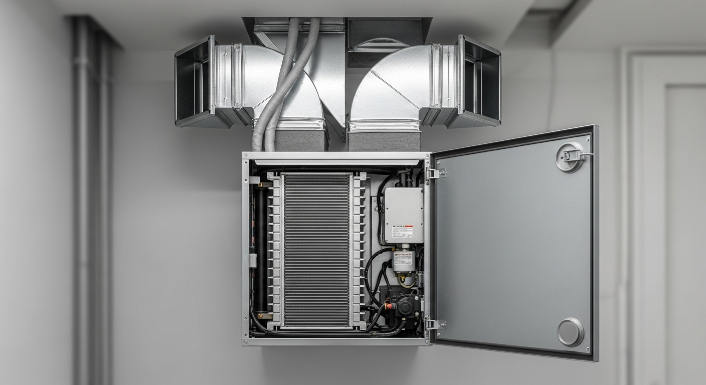 Otwarty rekuperator z kanałami wentylacyjnymi odzyskuje ciepło z wywiewanego powietrza, zapewniając świeże powietrze i niższe koszty ogrzewania w domu.