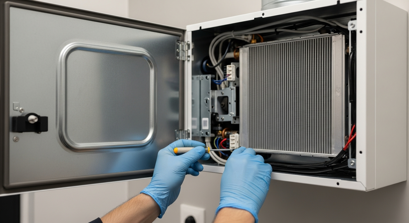 Serwis i konserwacja rekuperatorów w Białymstoku i okolicach – technik wykonuje przegląd urządzenia.