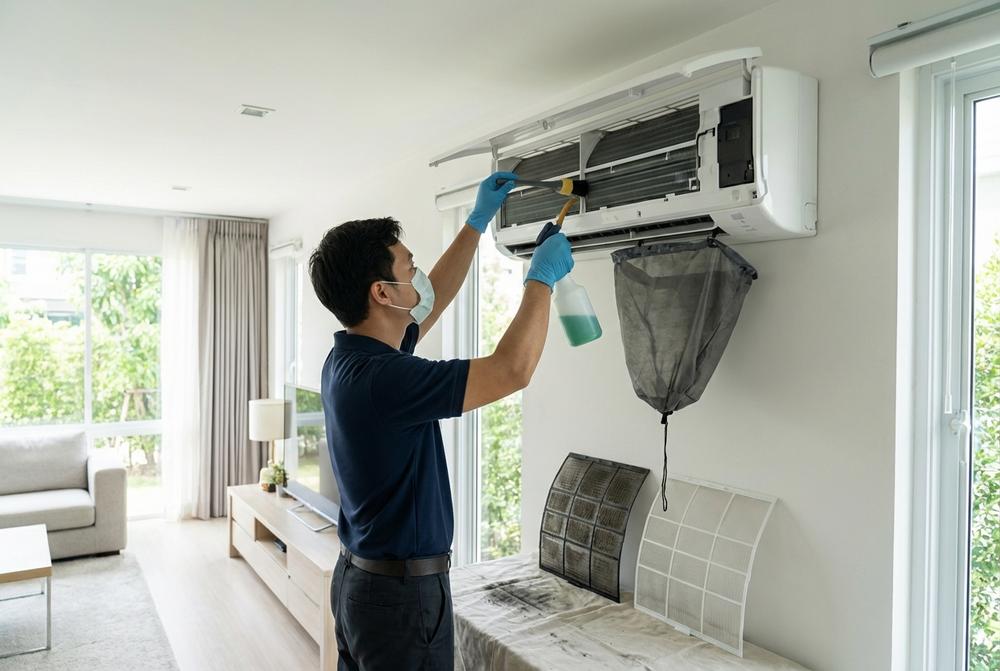 Serwisant wykonuje czyszczenie klimatyzacji w budynku mieszkalnym