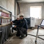 Technik montuje instalacje sanitarne i urządzenia grzewcze w kotłowni