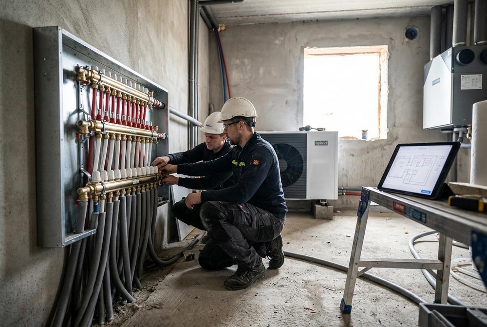 Technik montuje instalacje sanitarne i urządzenia grzewcze w kotłowni