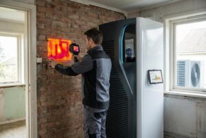 Monter serwisuje pompę ciepła i instalację grzewczą w budynku