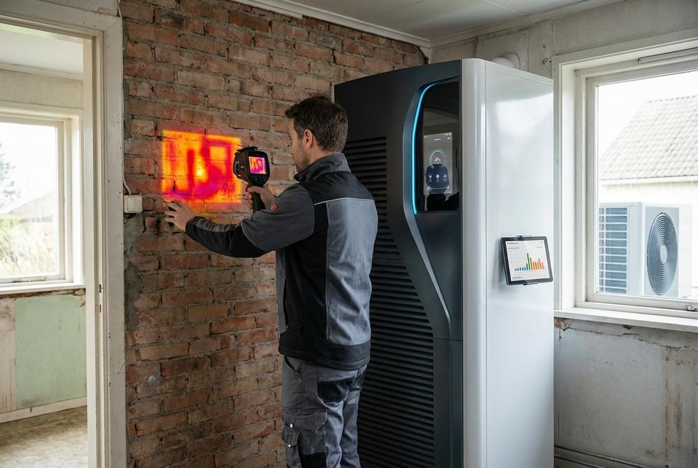 Monter serwisuje pompę ciepła i instalację grzewczą w budynku